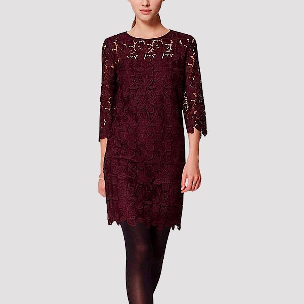 LOFT Soft Fig Red Floral Embroidered Lace Eyelet Scalloped Hem Mini Shift Dress
